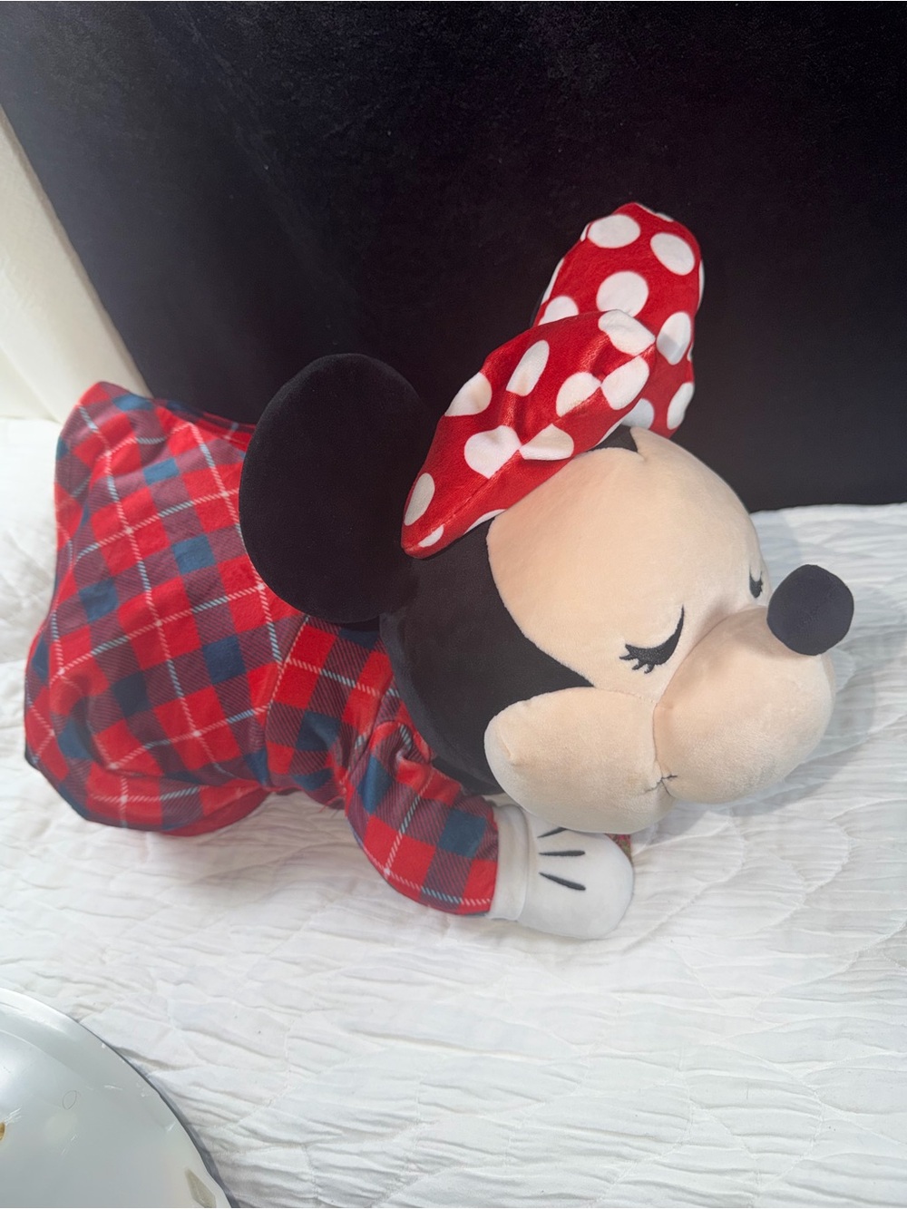 Disney Red Plaid Minnie Mouse Plush Pillow with Polka Dot Bow